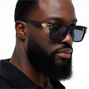 Men Sunglasses Fashion Designer Square Dark Black Lens Gold Metal Trendy Shades